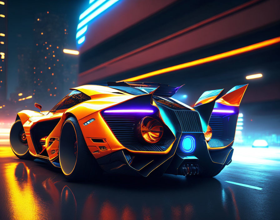 Futuristic orange sports car with neon blue highlights in city night scene