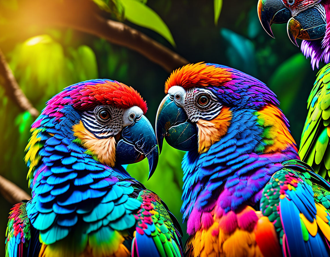 Colorful Macaws Perched Closely in Tropical Scene