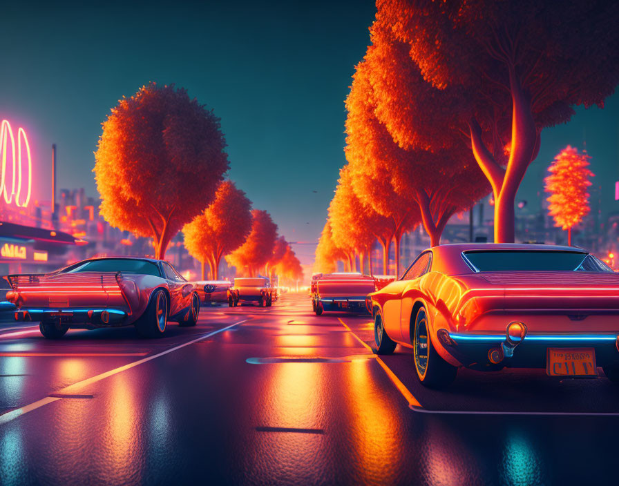 Classic cars drive on neon-lit street with orange trees and teal sky