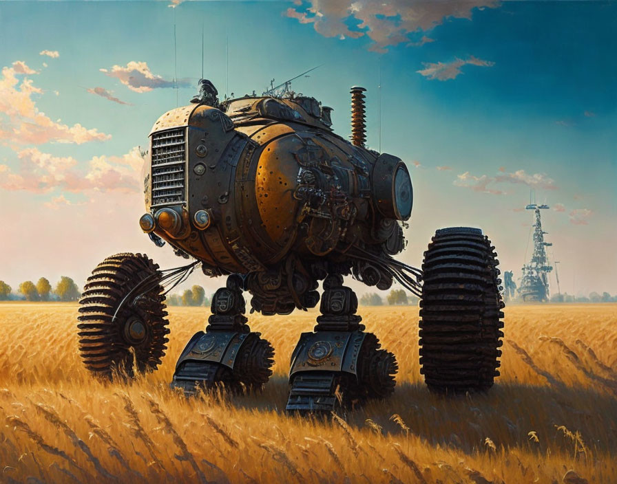 Steampunk mechanical walker in golden wheat field with intricate gears