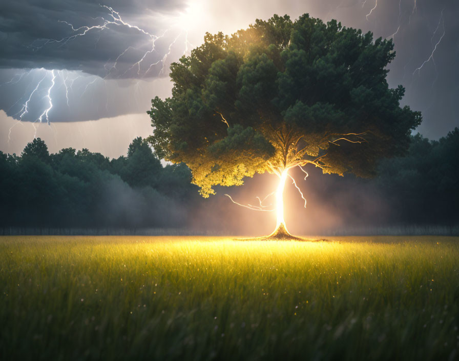 Solitary tree in field with lightning in stormy sky