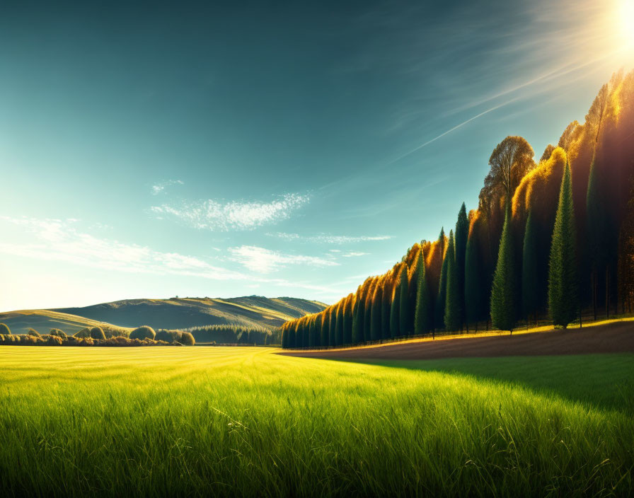 Tranquil green meadow with tall trees, clear sky, and sun rays casting shadows