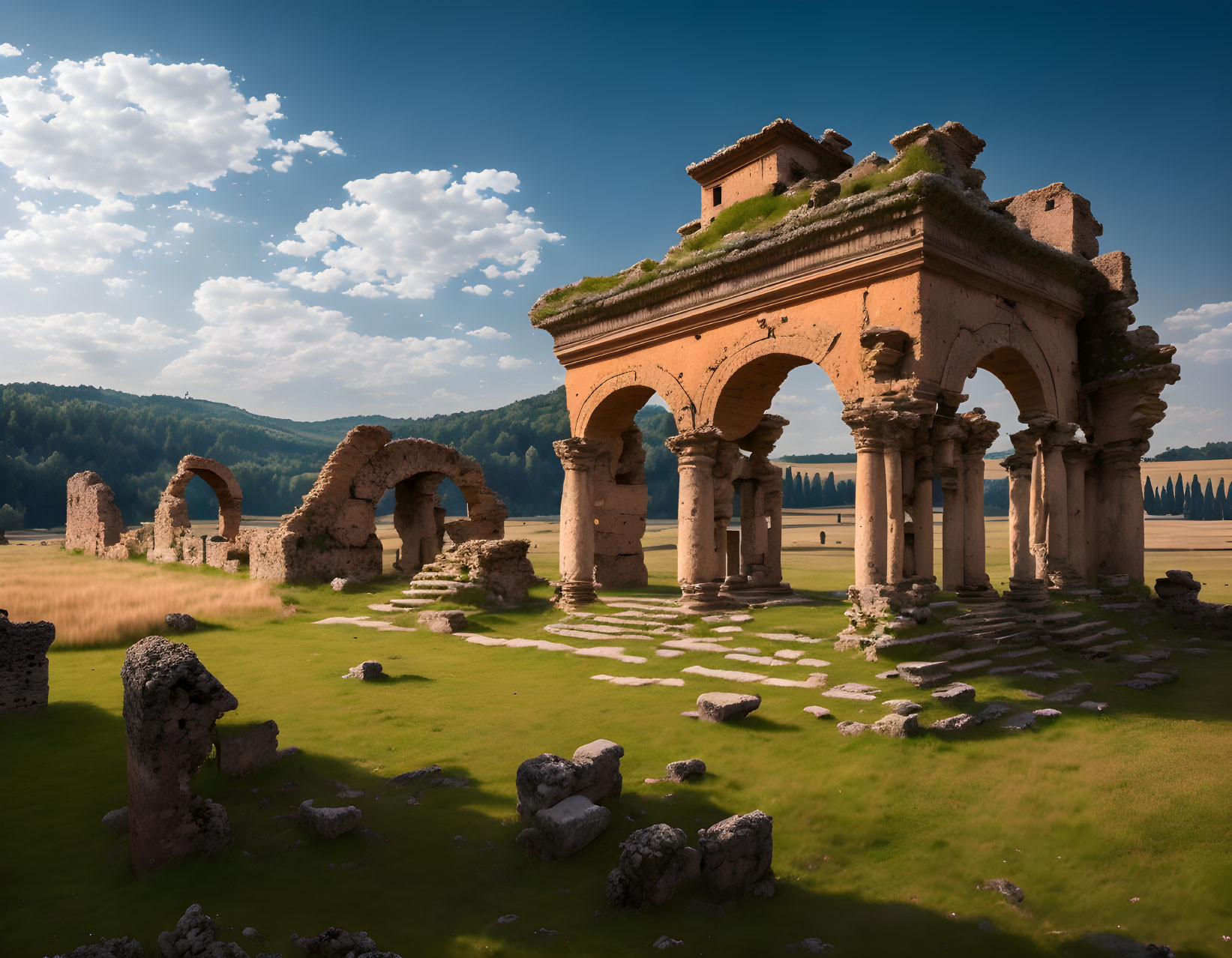 Ancient Roman ruins in grassy field with forest and clear sky