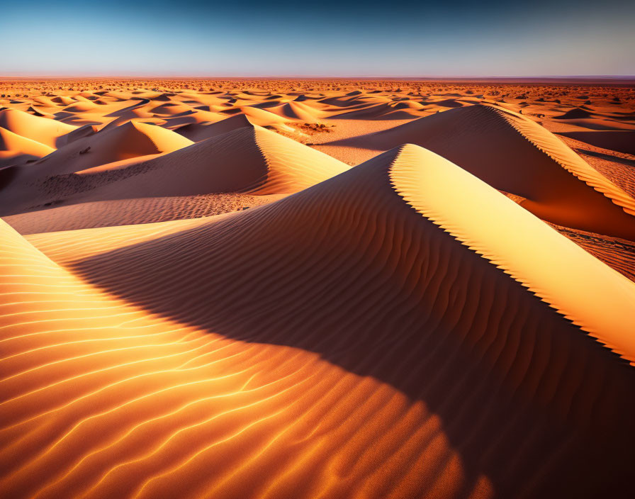 Sunset over rippled sand dunes in vast desert