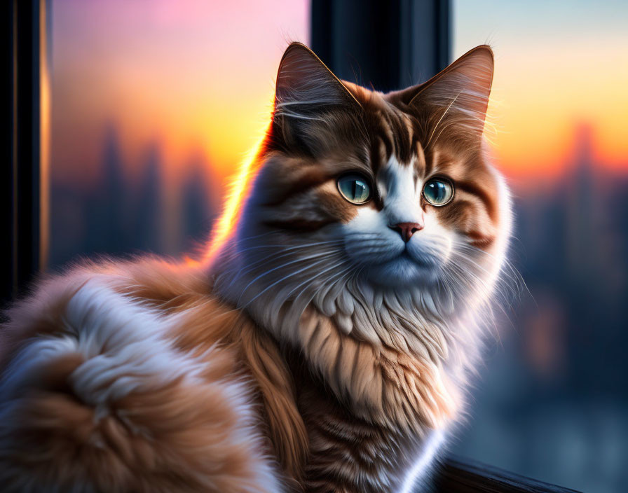 Fluffy Cat with Green Eyes by Window at Sunset