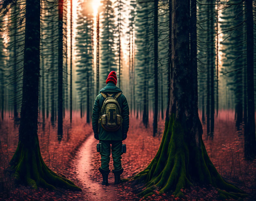 Person in warm hat on forest path among tall coniferous trees in sunlight and foggy atmosphere