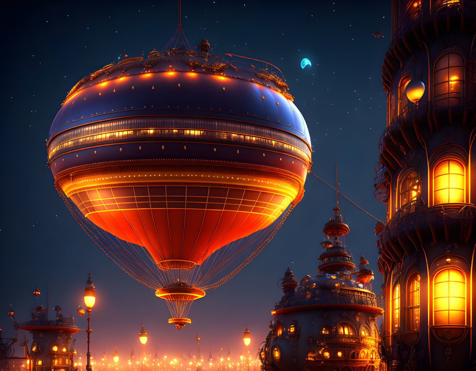 Steampunk cityscape at night with ornate buildings and airship