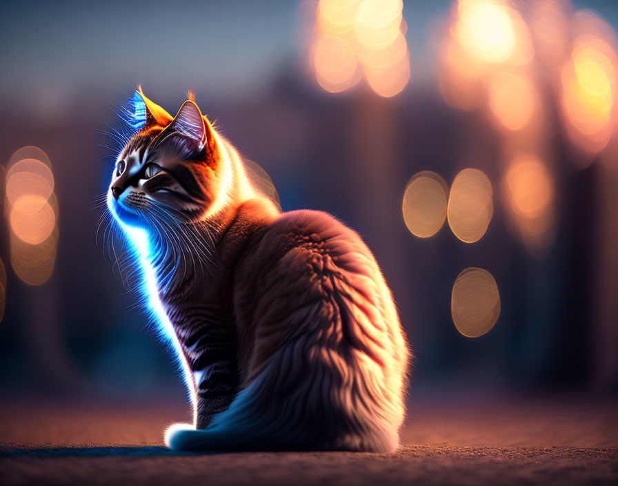 Glowing Edges Cat with Bokeh Lights Background