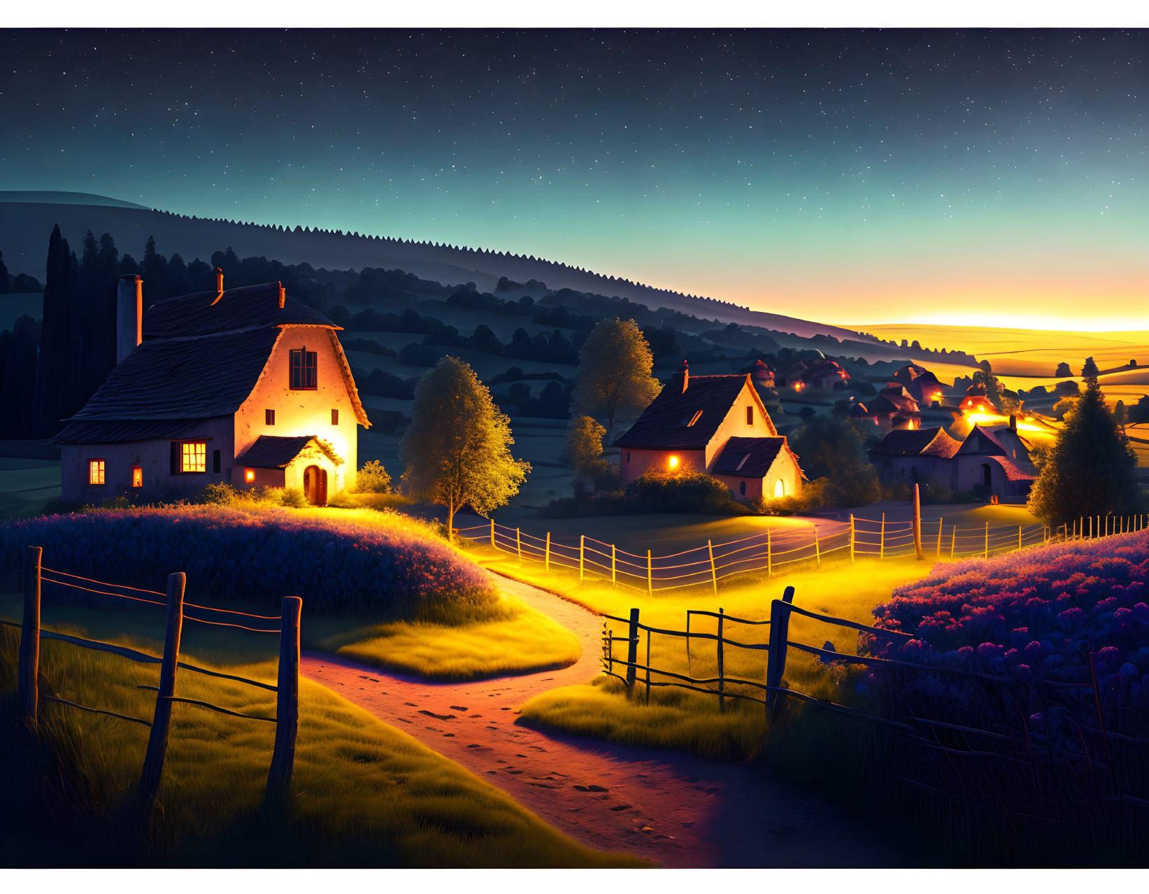 Twilight village scene with glowing windows and starry night sky