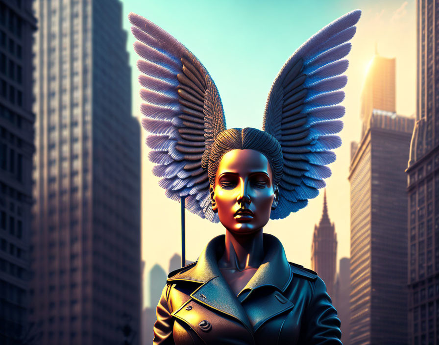 Female figure with angel wings hair in sunset-lit cityscape