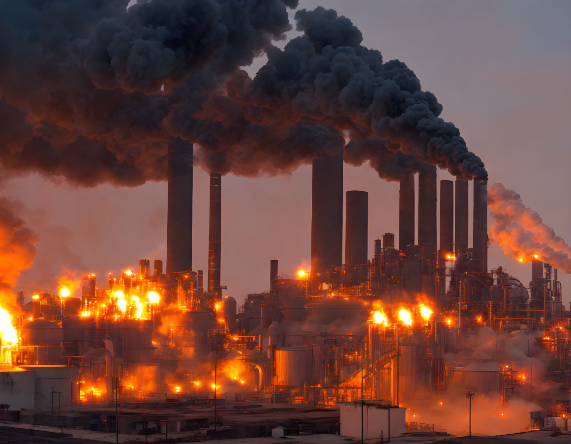 Industrial facility at dusk emitting black smoke and orange lights