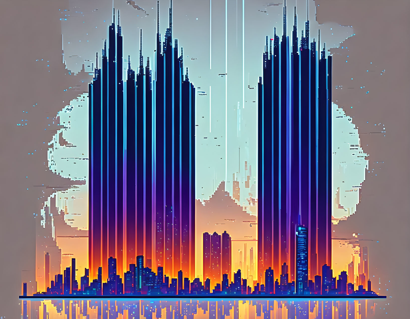 Futuristic cityscape with towering skyscrapers and sunset gradient reflection.