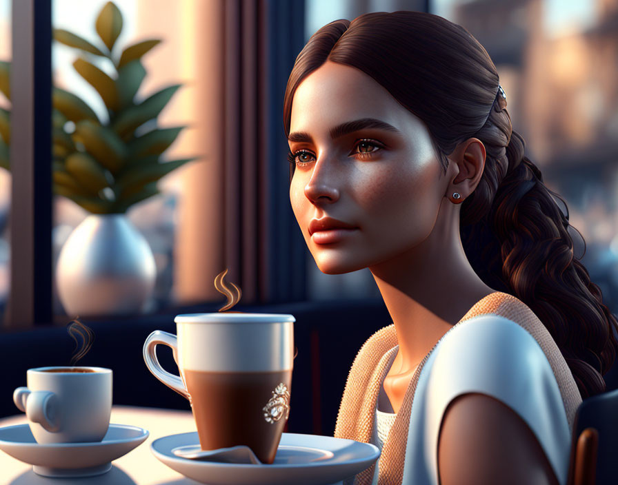 3D-rendered image of woman with braided hairstyle in café with coffee cups