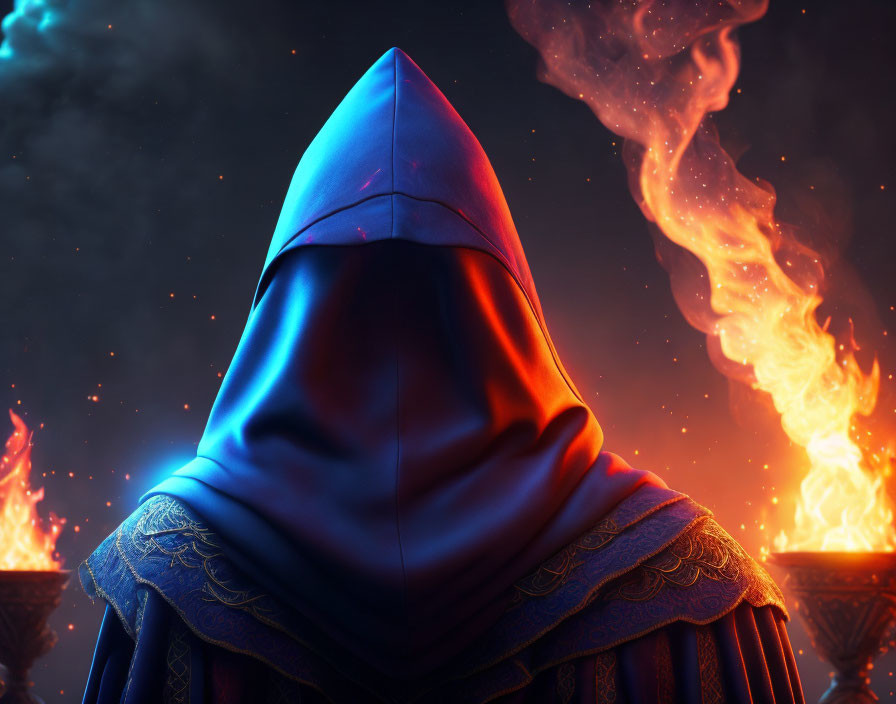 Cloaked Figure Against Fiery Backdrop with Reflective Blue Fabric