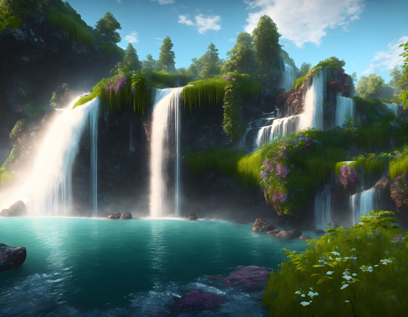 Tranquil landscape with cascading waterfalls and blue lagoon