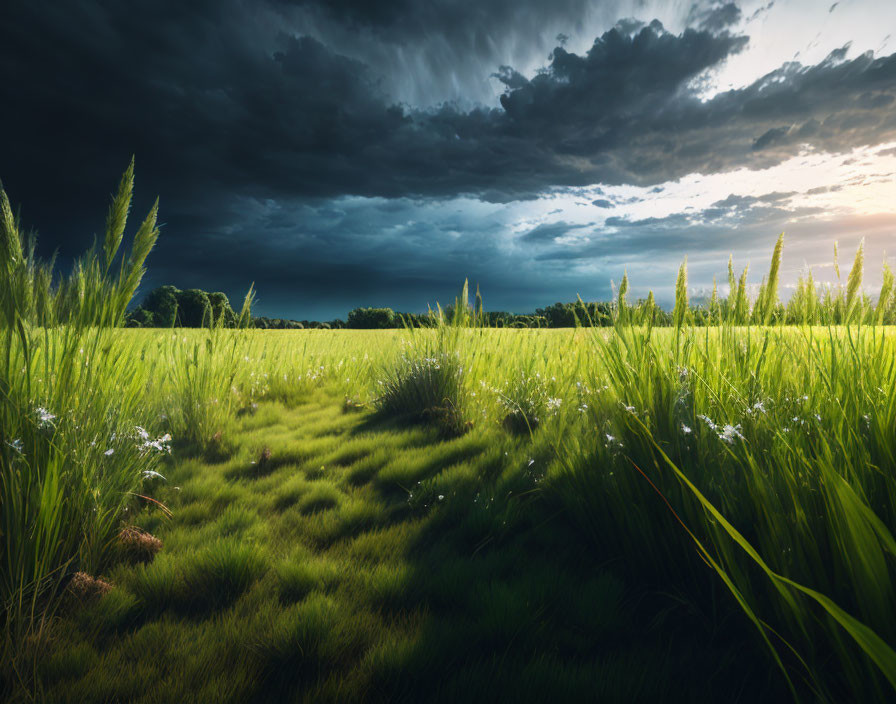 Verdant field with tall grass and wildflowers under dramatic stormy sky