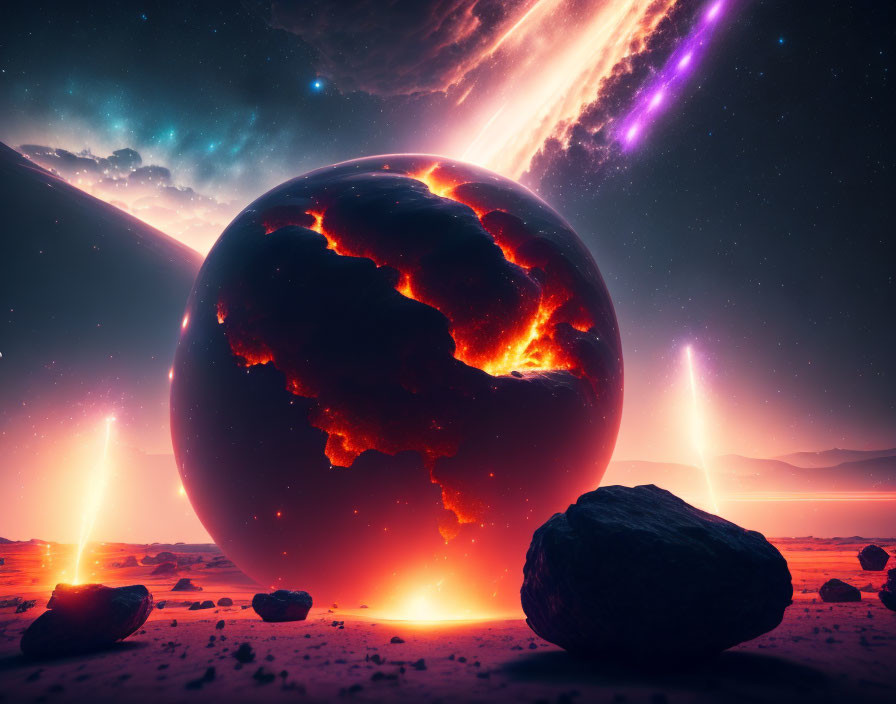 Surreal landscape with glowing molten planet and meteor strikes