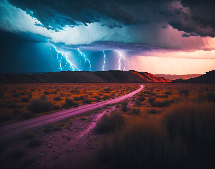 Dirt road winding through desert under stormy sky with lightning