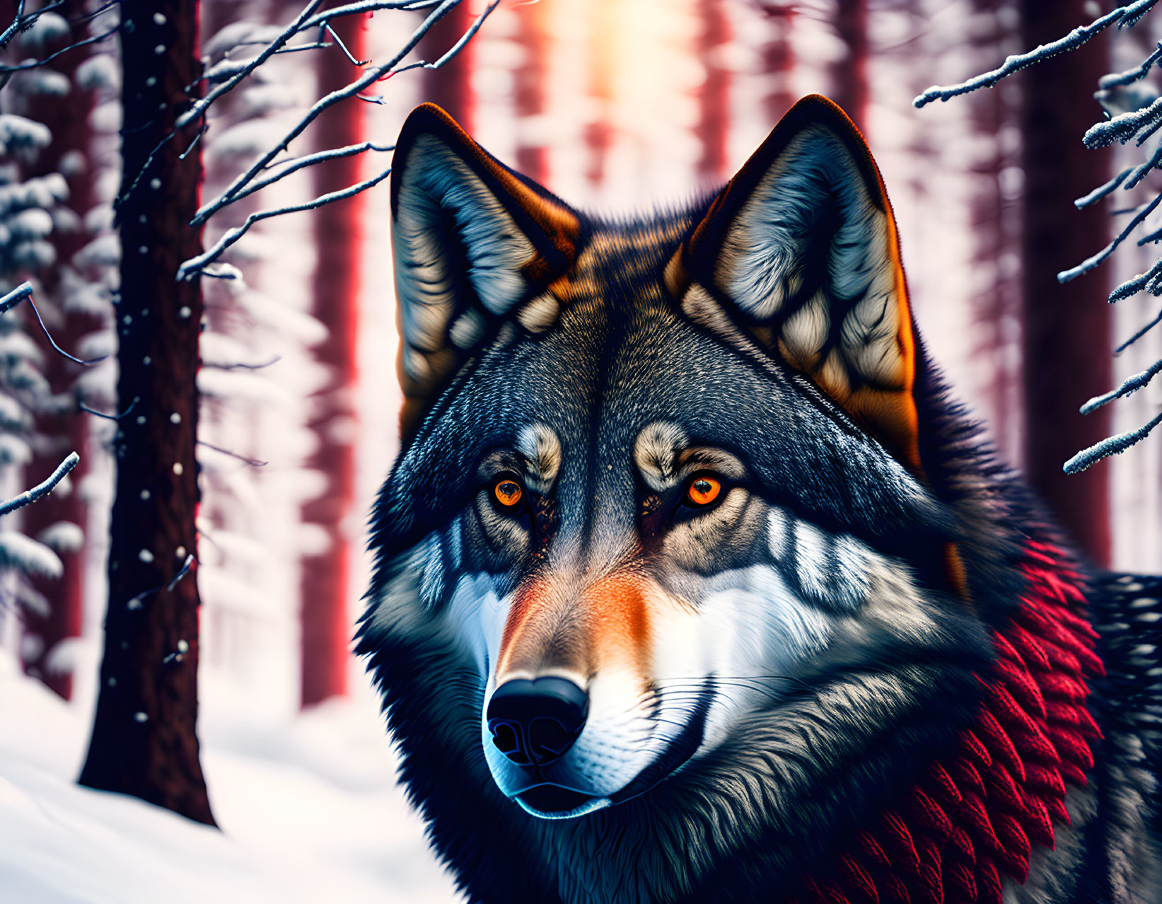 Detailed Digital Illustration of Wolf's Head with Orange Eyes in Snowy Forest