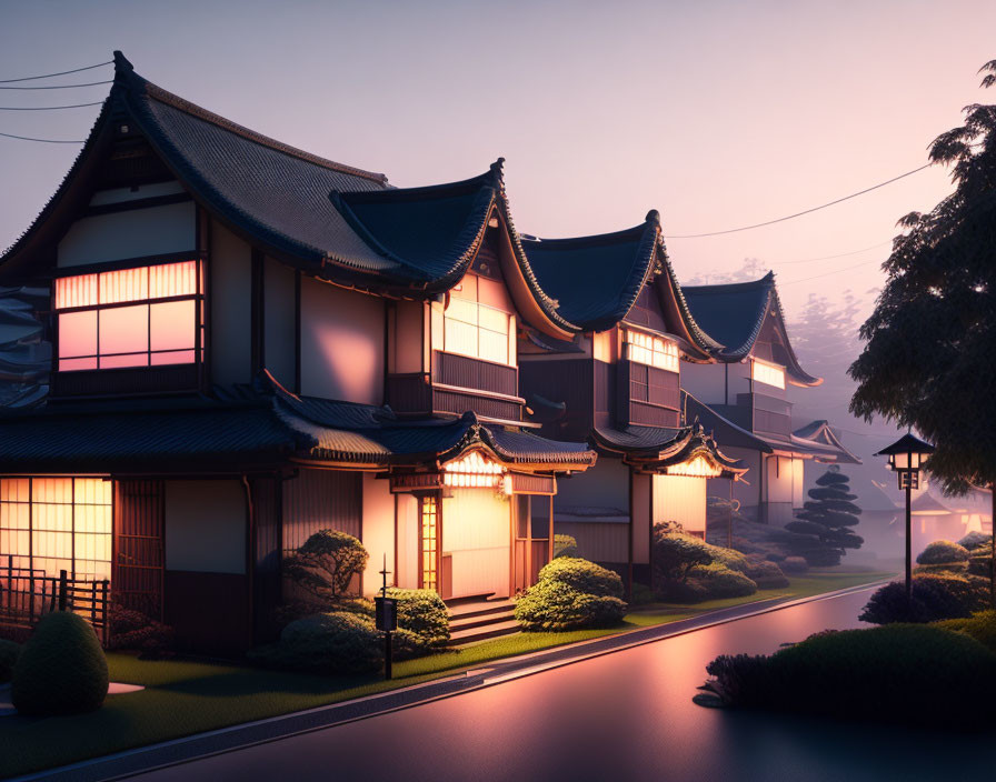 Japanese House with Curved Roofs and Illuminated Windows at Twilight