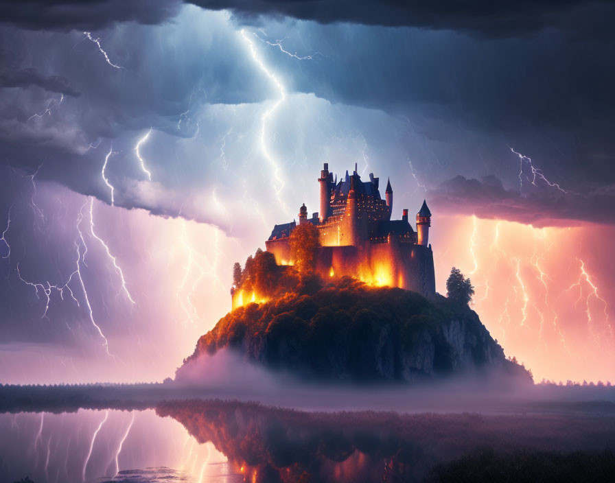 Castle on hill engulfed in fiery glow with lightning in stormy sky