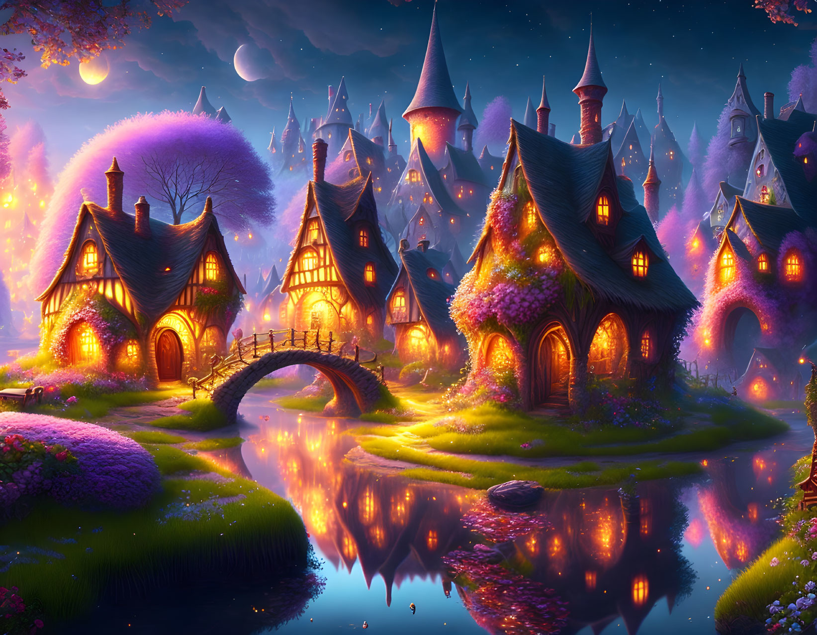 Enchanted twilight village with fairytale cottages, stone bridge, river, florals,