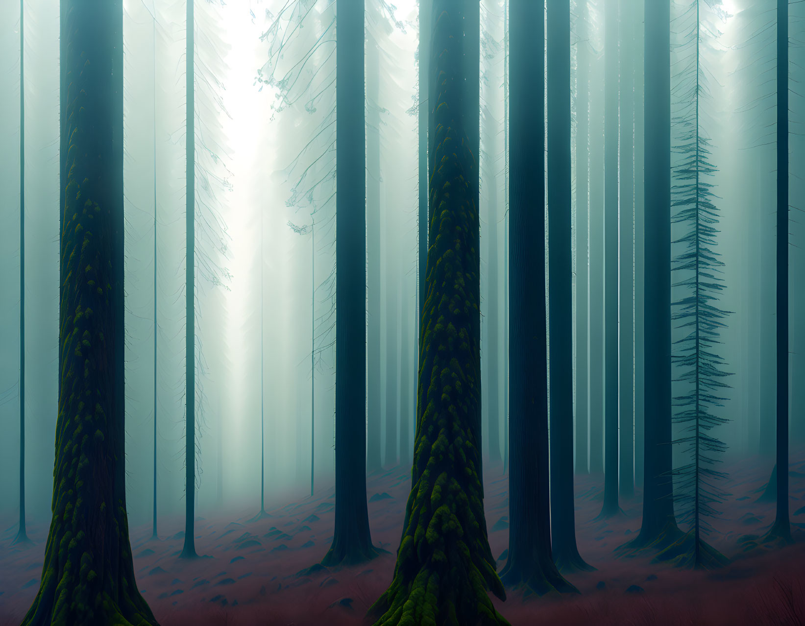 Misty Forest with Tall Trees and Fallen Leaves