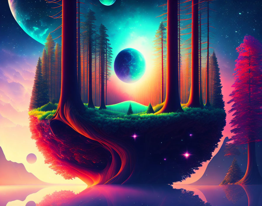 Colorful digital artwork: floating island, trees, cosmic backdrop.