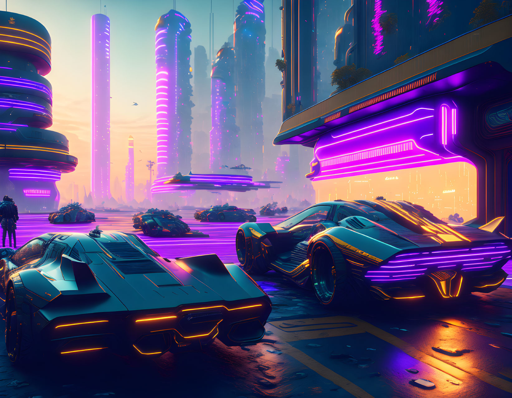 Neon-lit futuristic cityscape with hover cars and silhouettes at dusk