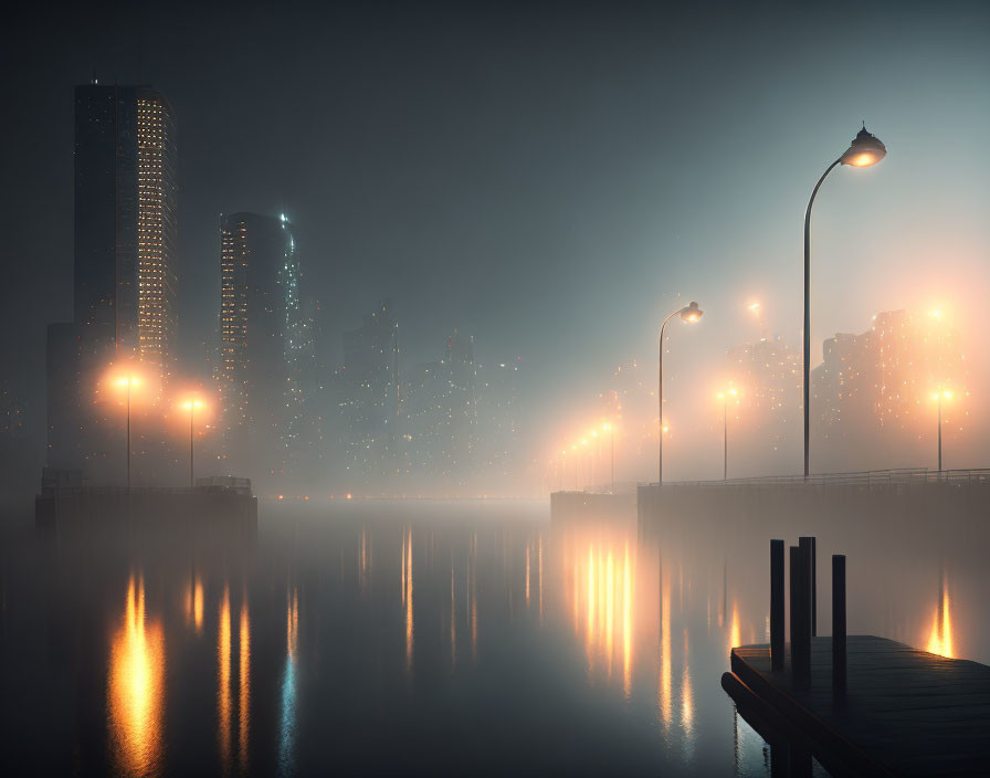 Foggy night cityscape with glowing street lamps and river reflection