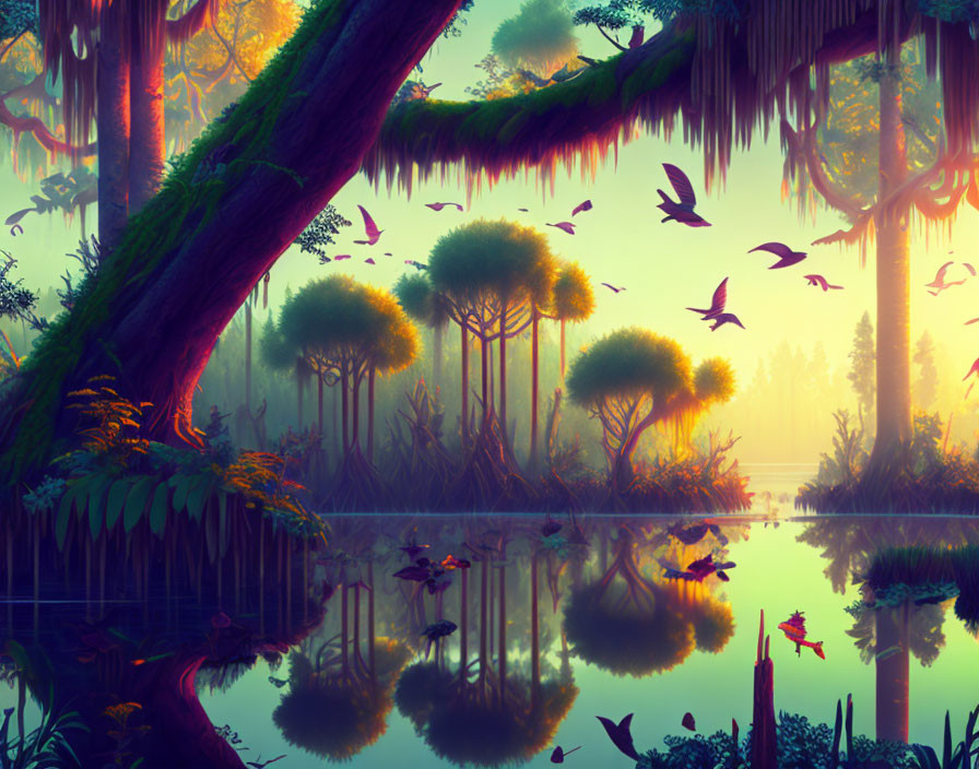 Tranquil swamp scene with lush greenery and birds in flight