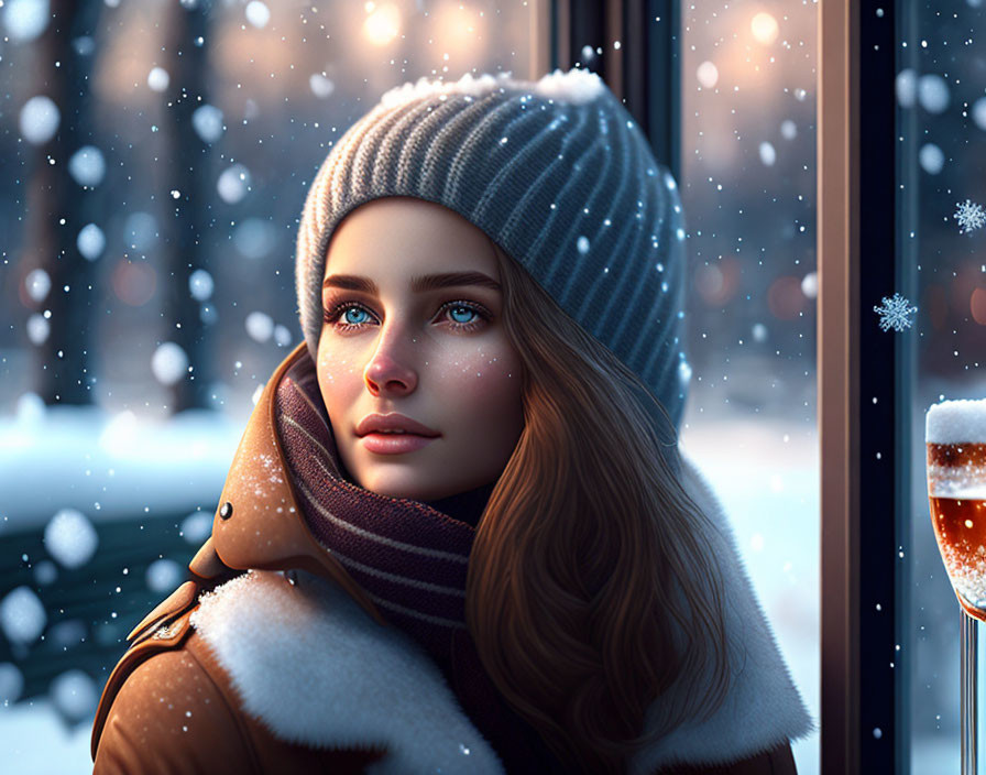 Woman in winter attire gazing out at falling snowflakes in cozy indoor setting