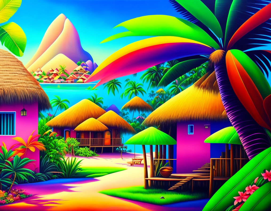 Tropical scene with thatched huts, palm trees, flowers, sandy path, and colorful mountains