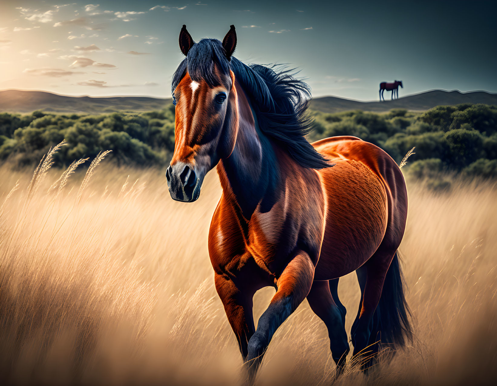 Majestic brown horse with flowing mane in golden field.