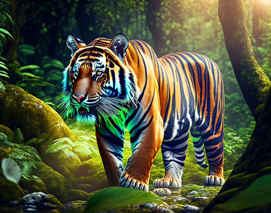 Majestic tiger in dense jungle with sunlight filtering through lush foliage