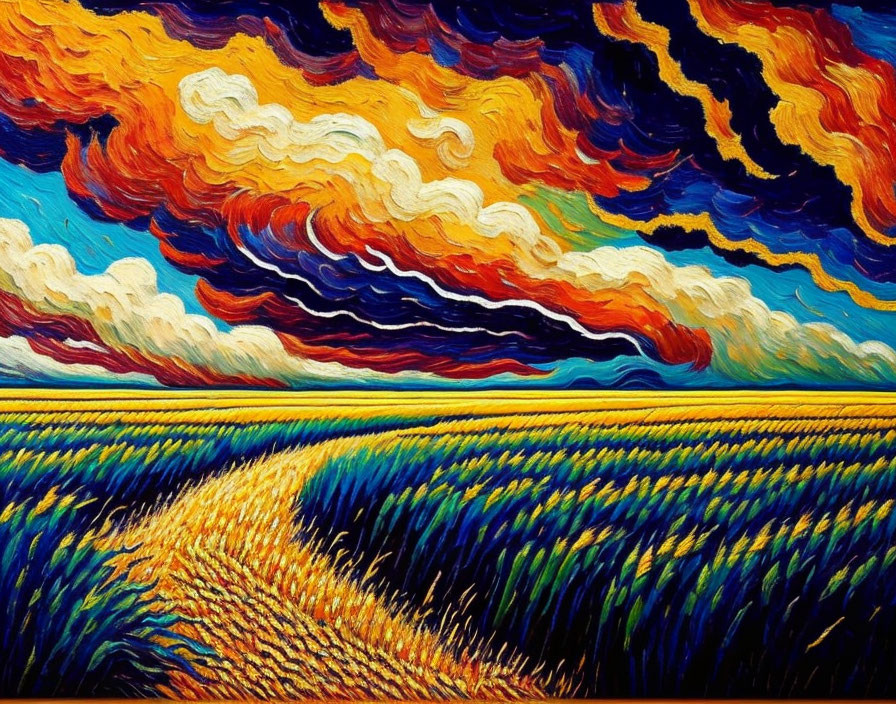 Dynamic Sky with Swirling Orange and White Clouds Above Blue and Golden Fields