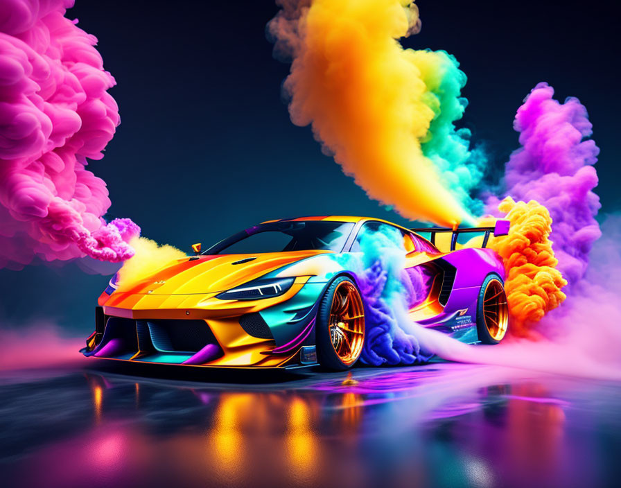 Multicolored sports car surrounded by vibrant smoke clouds