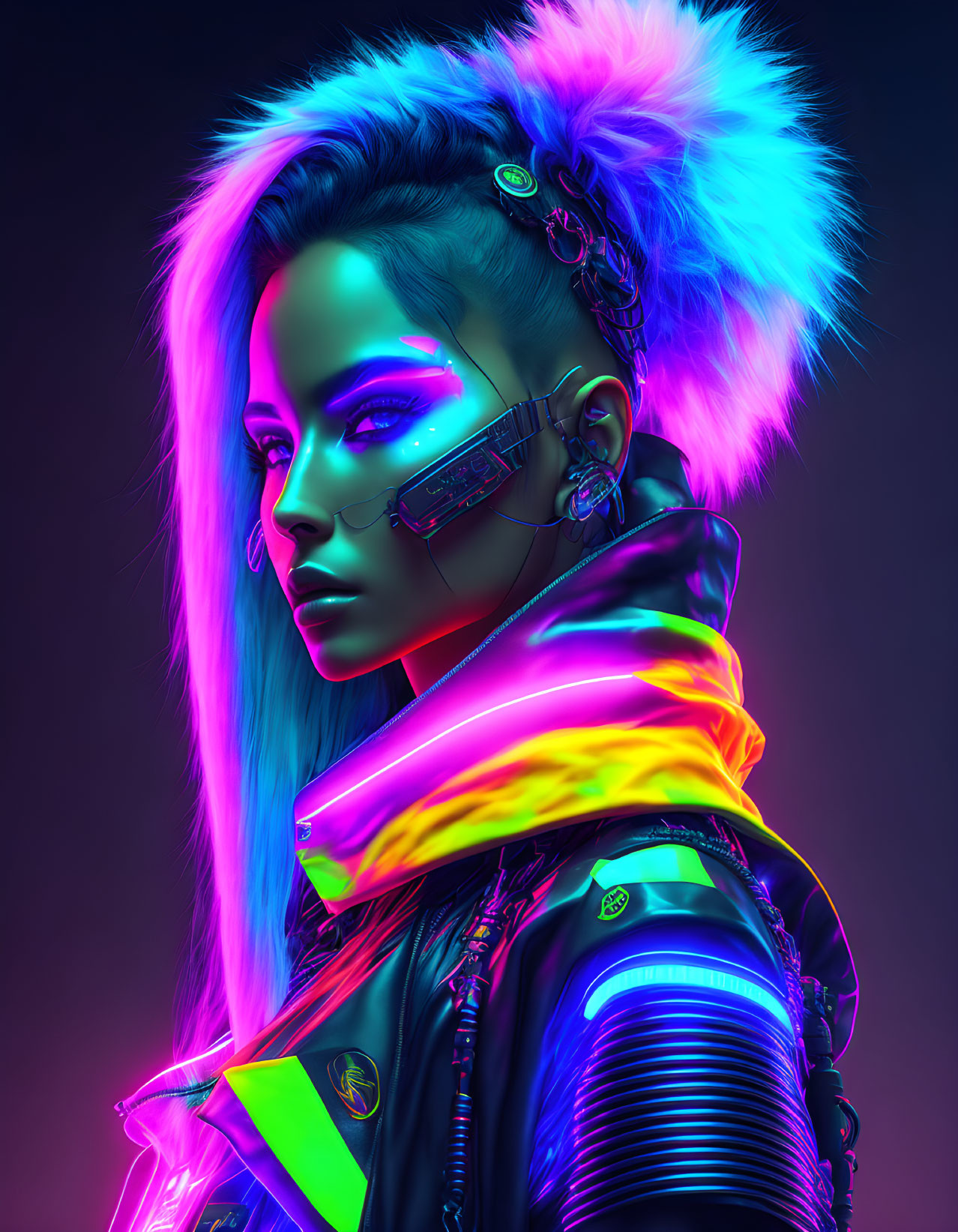 Futuristic cyberpunk woman with neon-lit cybernetic enhancements