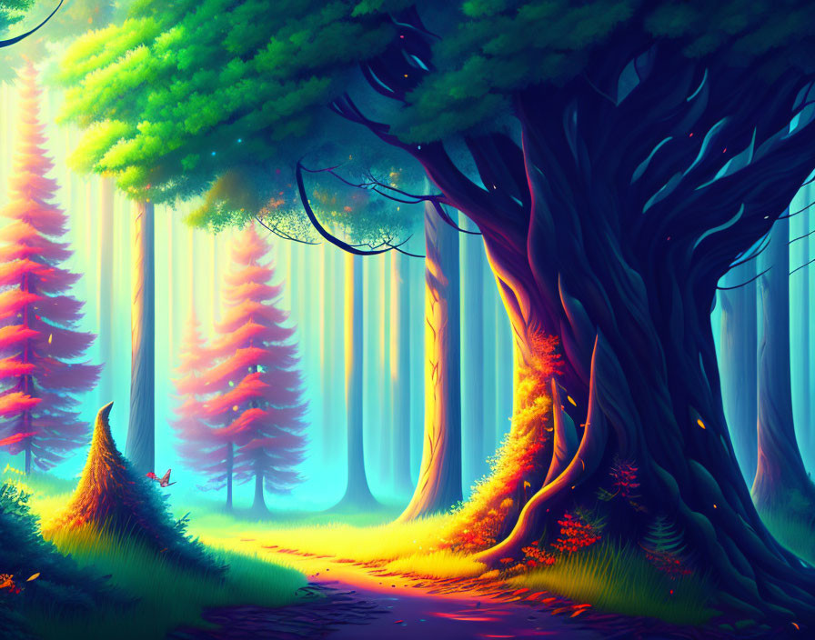 Colorful Forest with Sunlight Filtering Through Tall Trees