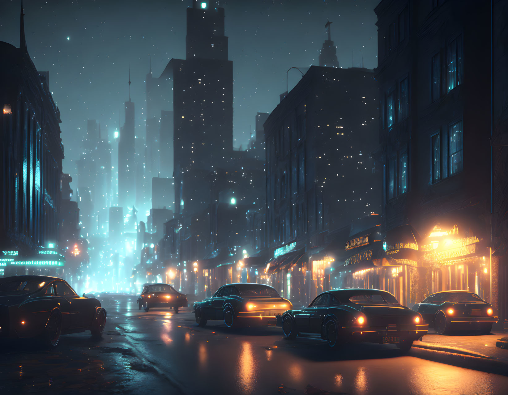 Vintage Cars on Wet Road in Nocturnal Cityscape