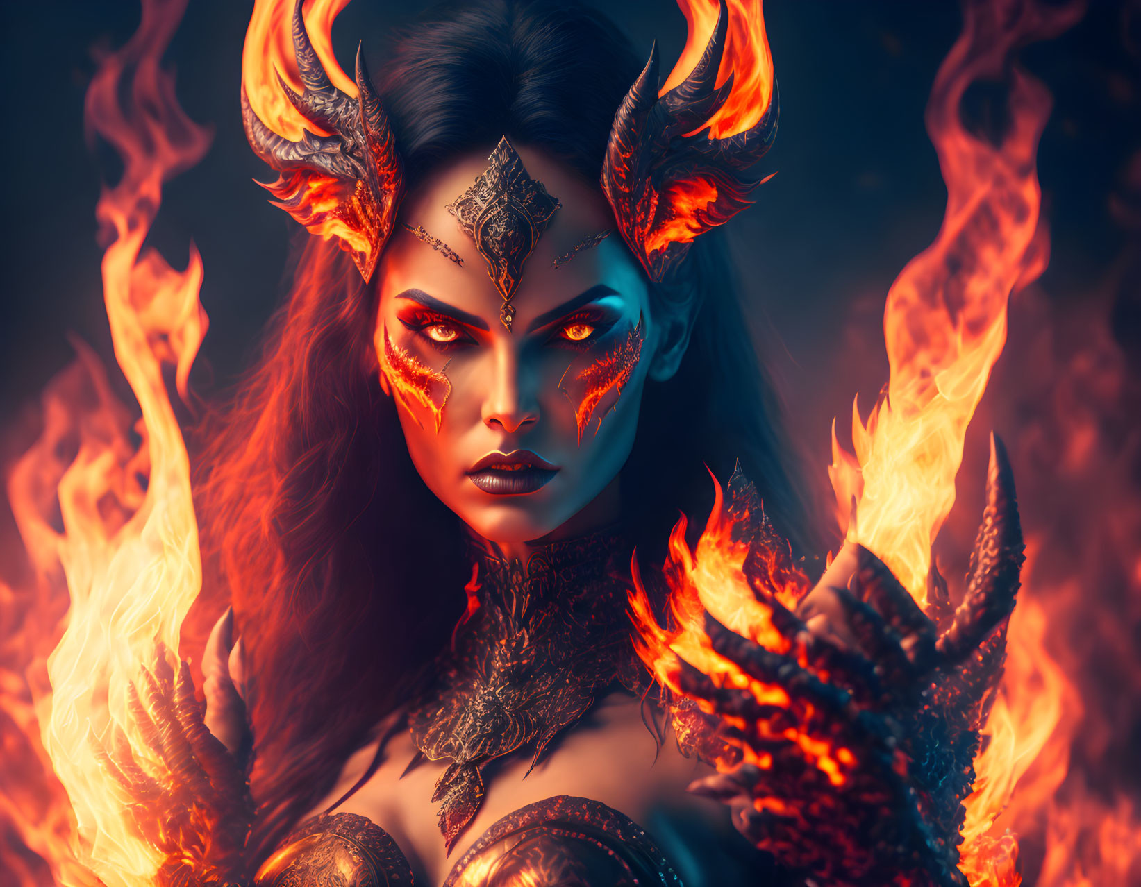 Fantasy woman with demonic horns and glowing eyes in fiery surroundings