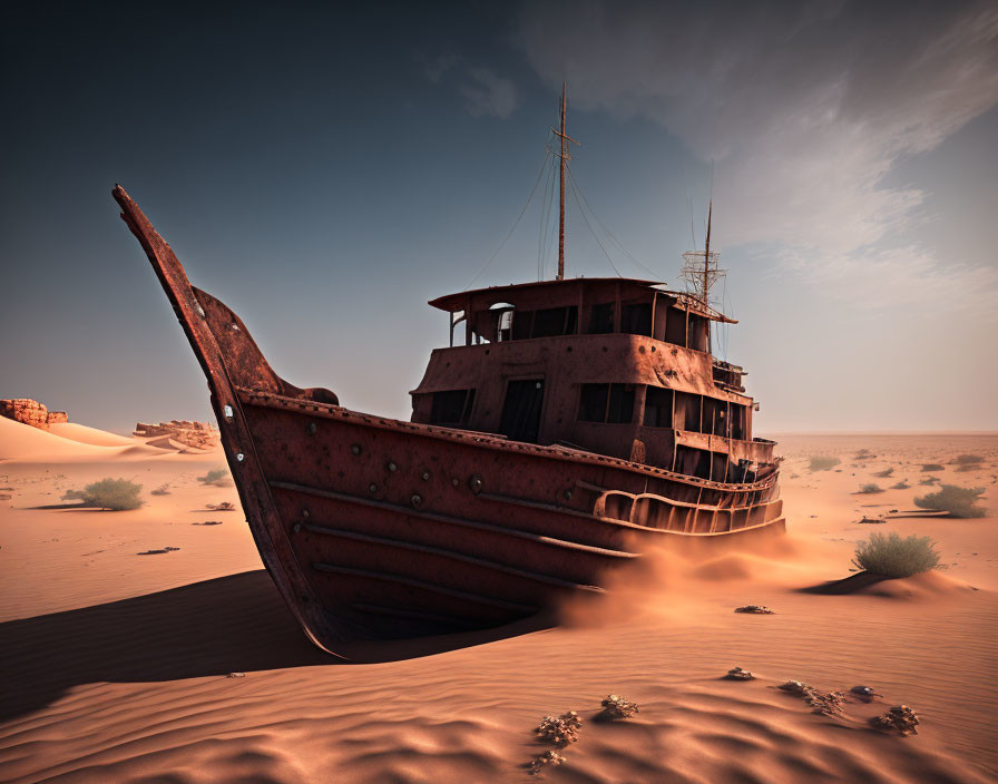 Abandoned rusty ship on desert sand dunes under hazy sky