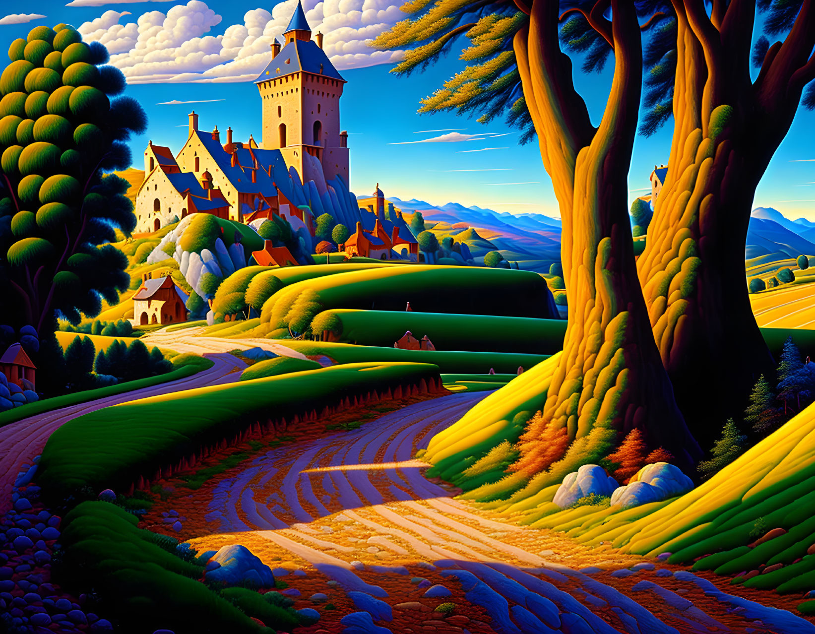 Colorful Fantasy Landscape with Castle on Hill & Stylized Trees