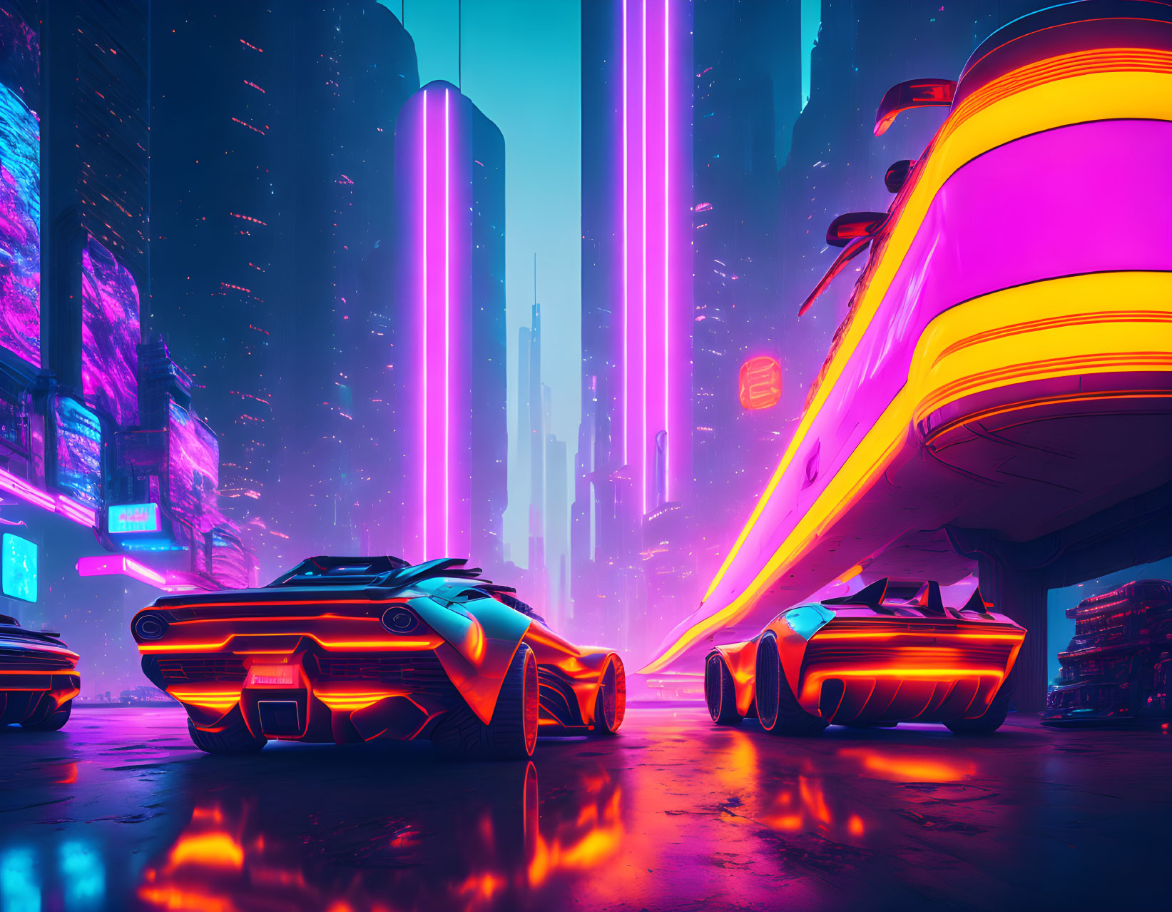 Futuristic cyberpunk cityscape with neon lights and skyscrapers