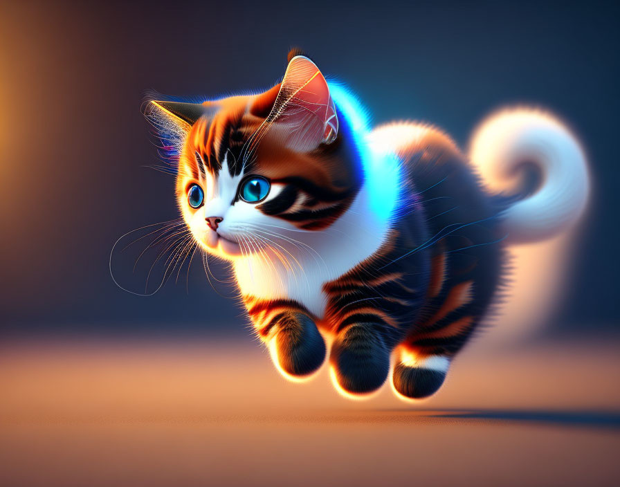 Digital Artwork: Striped Kitten with Glowing Blue Eyes on Dark Blue Background