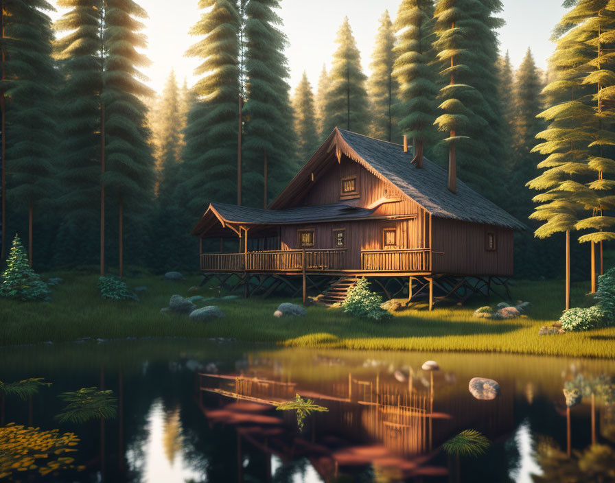 Tranquil Wooden Cabin Surrounded by Pine Trees and Lake