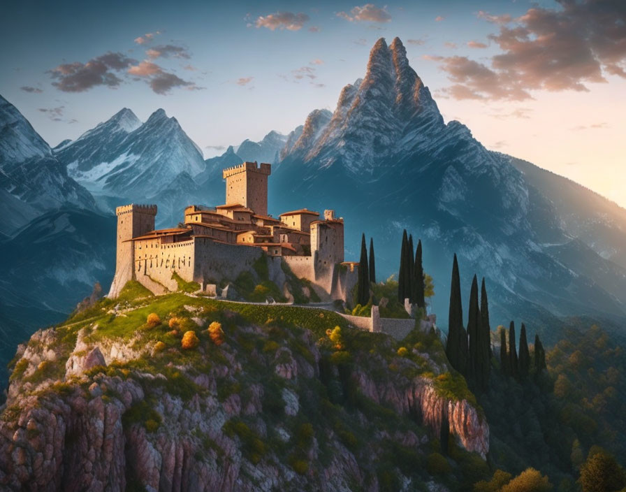 Medieval castle on green hill with snowy mountains at sunset