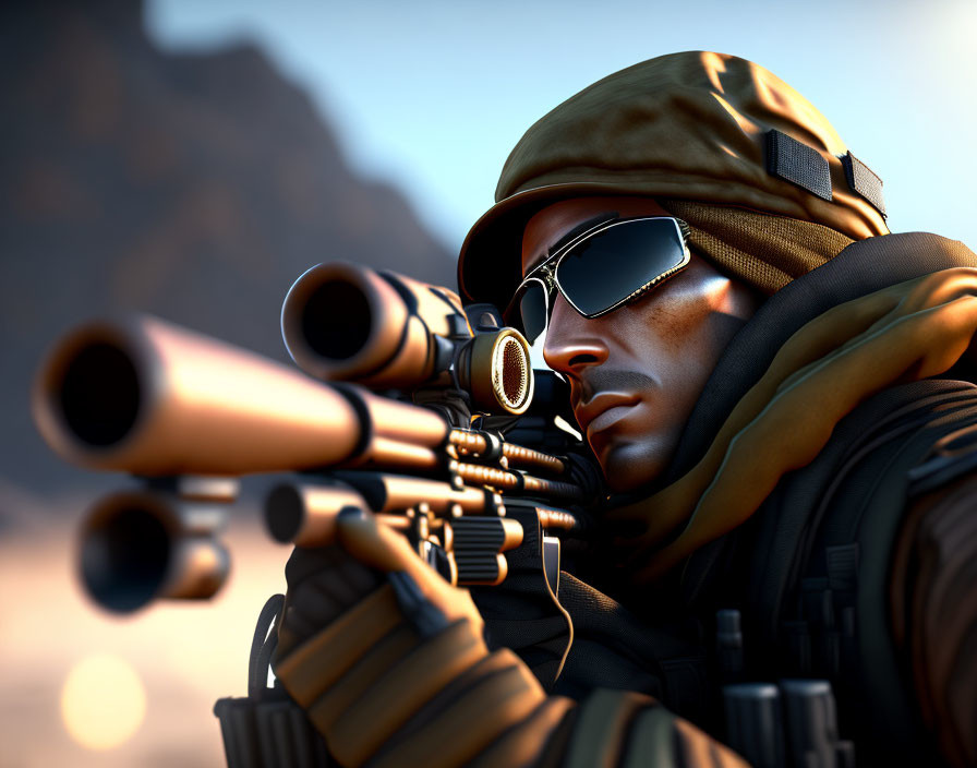 Military soldier in combat gear aiming sniper rifle in desert setting