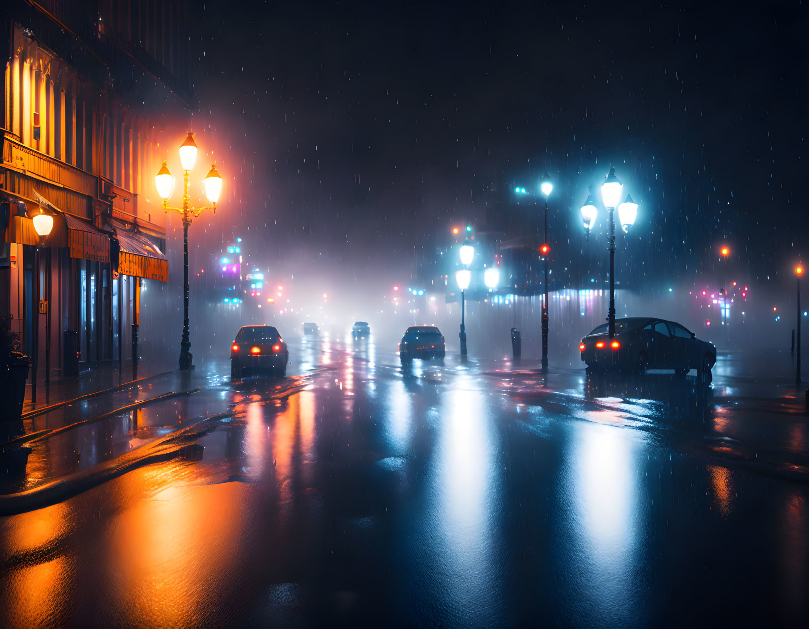 City street at night: cars on wet road with snowfall and street lamps