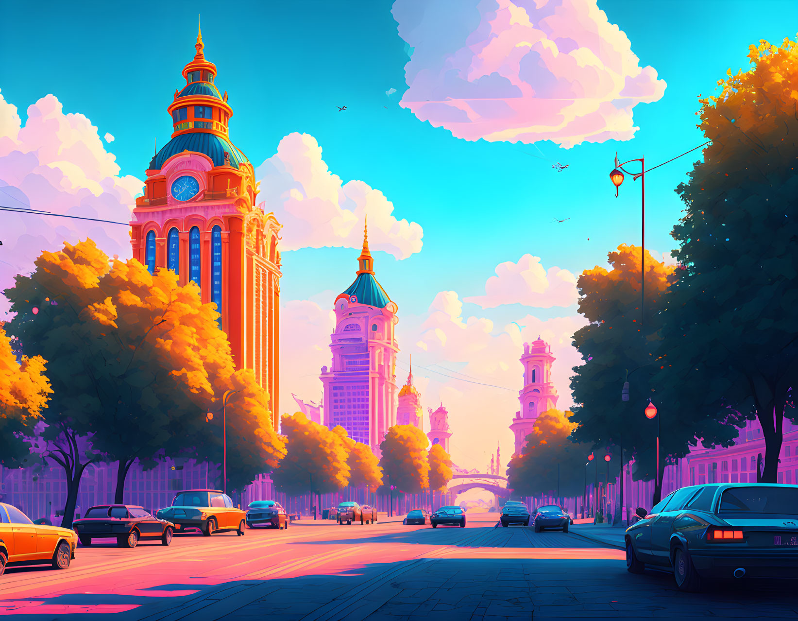 Colorful autumn street scene with vintage cars and ornate buildings in digital art